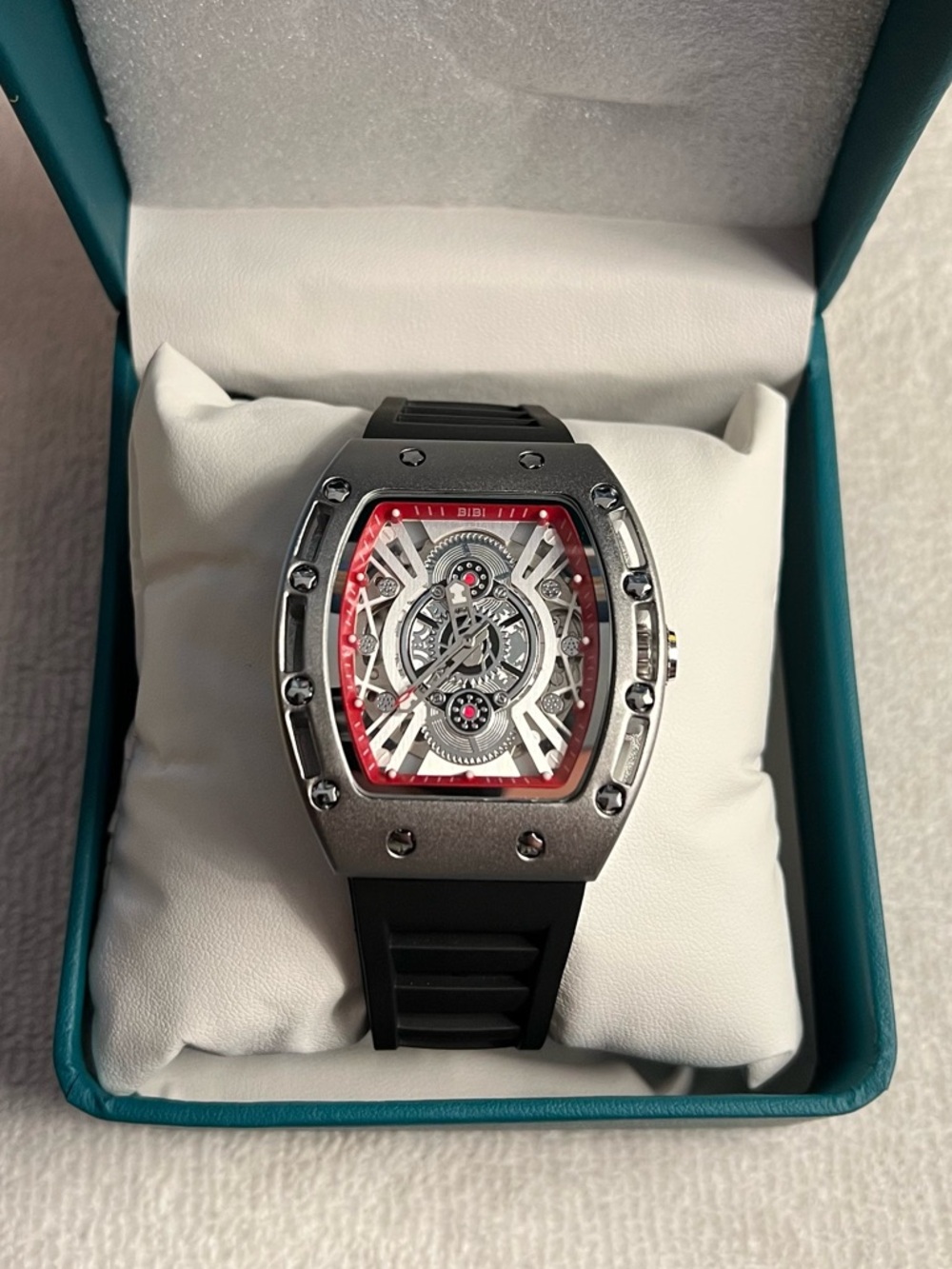 BiBi Men's Skeleton Dial Watch with Black Strap and Red Accents 44mm